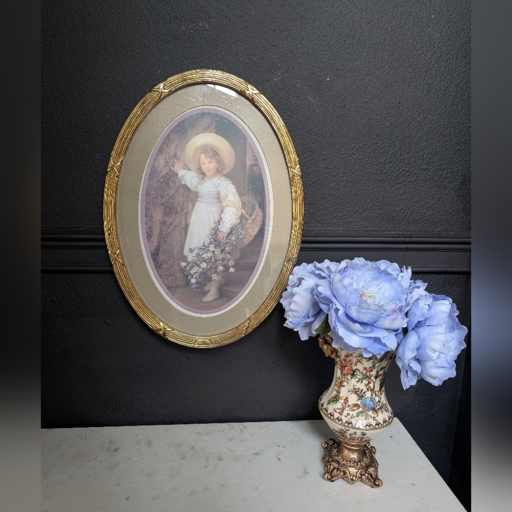 Vintage Home Interiors Oval Gold Frame Country girl w/ flowers print 21.5" x 15.